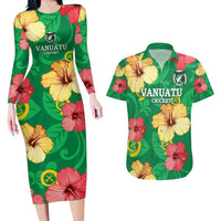 Custom Vanuatu Cricket Couples Matching Long Sleeve Bodycon Dress and Hawaiian Shirt 2024 Tropical Flowers Version
