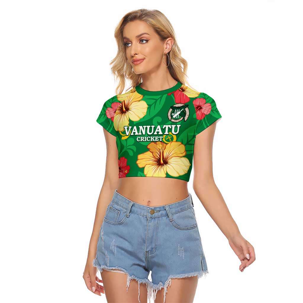 Custom Vanuatu Cricket Raglan Cropped T Shirt 2024 Tropical Flowers Version LT14 Female Green - Polynesian Pride
