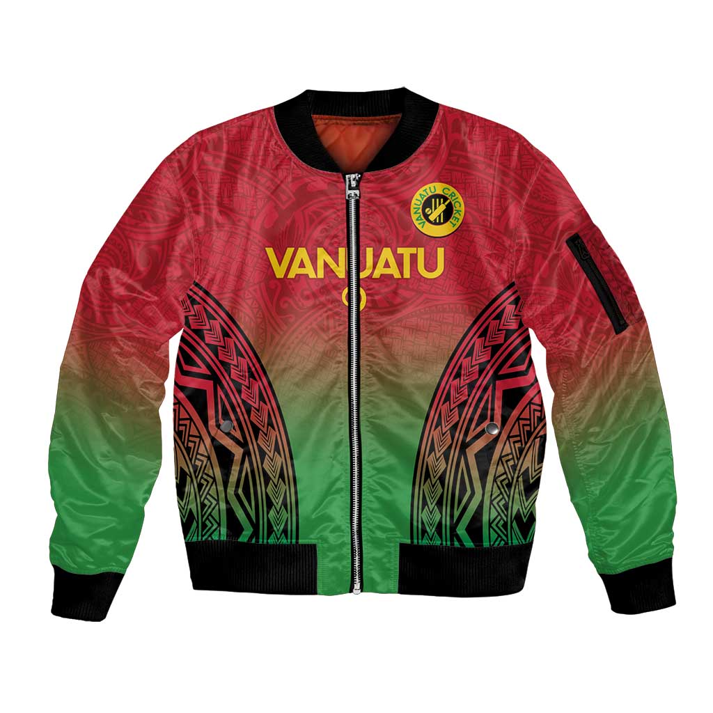 Custom Vanuatu Cricket Sleeve Zip Bomber Jacket 2024 Polynesian Pattern Sporty Style LT14 Unisex Red - Polynesian Pride