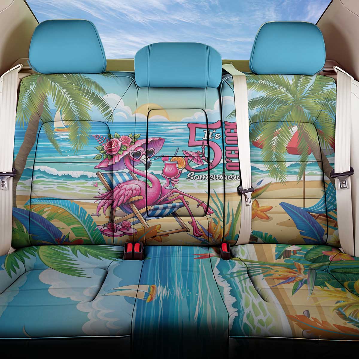 Flamingo Aloha Hawaii Back Car Seat Cover It's 5 OClock Somewhere Tropical Vibes LT14 One Size Blue - Polynesian Pride