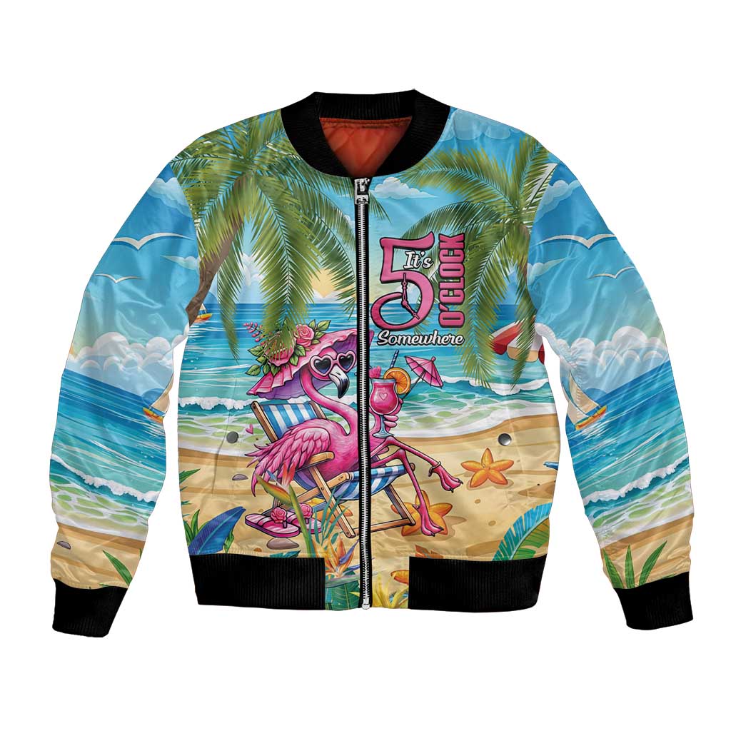 Flamingo Aloha Hawaii Bomber Jacket It's 5 OClock Somewhere Tropical Vibes LT14 Unisex Blue - Polynesian Pride