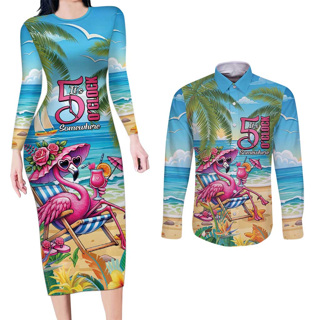 Flamingo Aloha Hawaii Couples Matching Long Sleeve Bodycon Dress and Long Sleeve Button Shirt It's 5 O’Clock Somewhere Tropical Vibes - Polynesian Pride