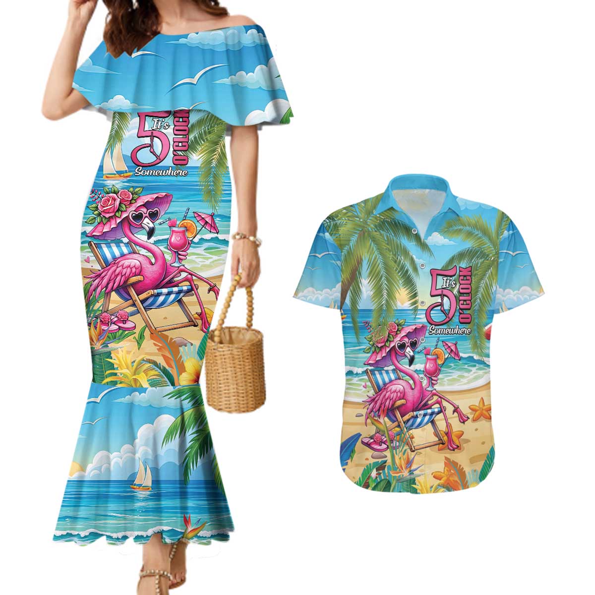 Flamingo Aloha Hawaii Couples Matching Mermaid Dress and Hawaiian Shirt It's 5 O’Clock Somewhere Tropical Vibes - Polynesian Pride