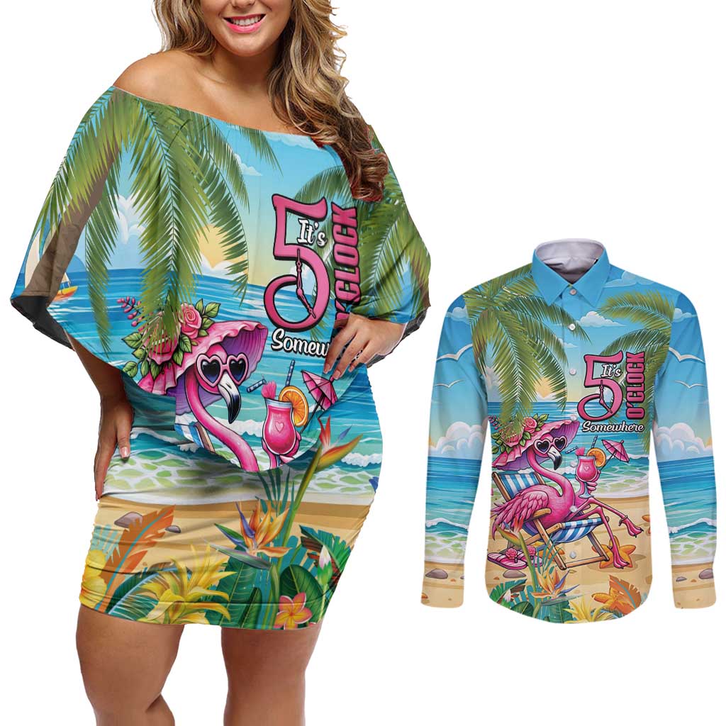 Flamingo Aloha Hawaii Couples Matching Off Shoulder Short Dress and Long Sleeve Button Shirt It's 5 O’Clock Somewhere Tropical Vibes - Polynesian Pride