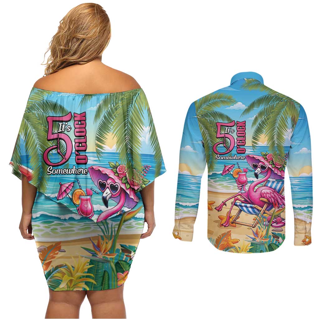 Flamingo Aloha Hawaii Couples Matching Off Shoulder Short Dress and Long Sleeve Button Shirt It's 5 OClock Somewhere Tropical Vibes LT14 - Polynesian Pride
