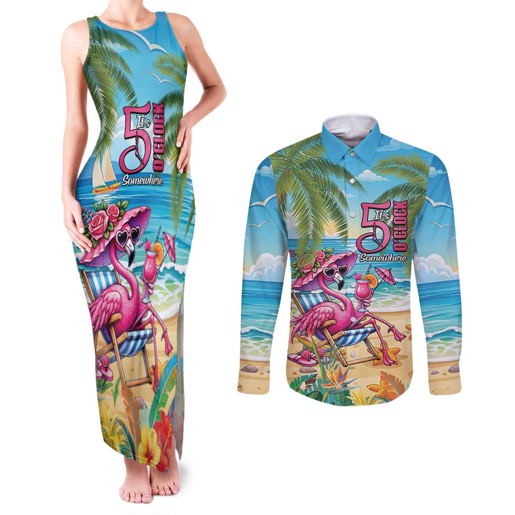 Flamingo Aloha Hawaii Couples Matching Tank Maxi Dress and Long Sleeve Button Shirt It's 5 O’Clock Somewhere Tropical Vibes - Polynesian Pride