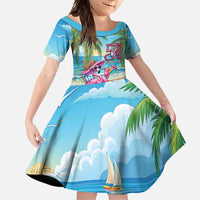 Flamingo Aloha Hawaii Family Matching Long Sleeve Bodycon Dress and Hawaiian Shirt It's 5 OClock Somewhere Tropical Vibes LT14 Daughter's Dress Blue - Polynesian Pride