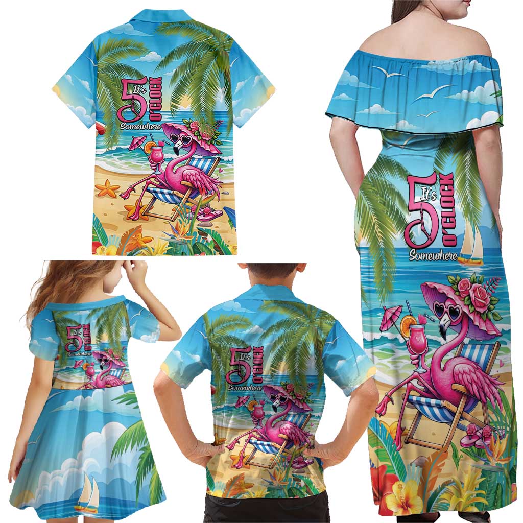 Flamingo Aloha Hawaii Family Matching Off Shoulder Maxi Dress and Hawaiian Shirt It's 5 O’Clock Somewhere Tropical Vibes - Polynesian Pride