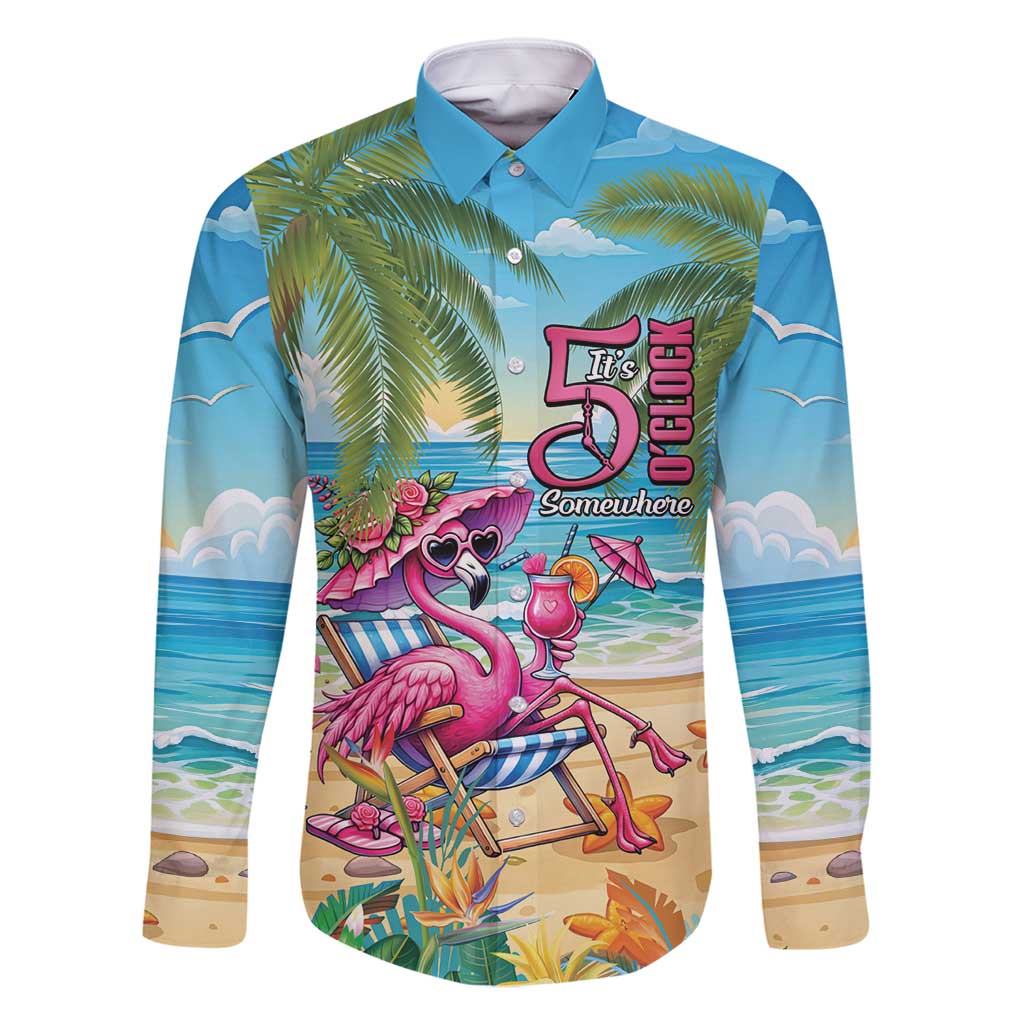 Flamingo Aloha Hawaii Family Matching Off Shoulder Short Dress and Hawaiian Shirt It's 5 OClock Somewhere Tropical Vibes LT14 Dad's Shirt - Long Sleeve Blue - Polynesian Pride