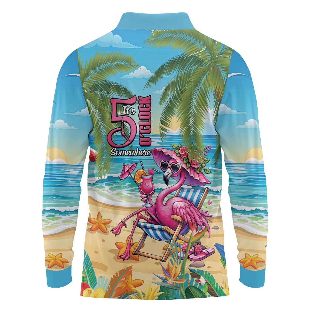 Flamingo Aloha Hawaii Long Sleeve Polo Shirt It's 5 OClock Somewhere Tropical Vibes LT14 - Polynesian Pride