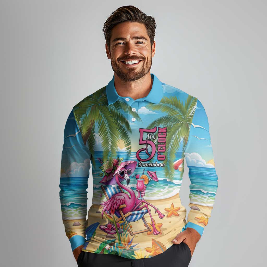 Flamingo Aloha Hawaii Long Sleeve Polo Shirt It's 5 OClock Somewhere Tropical Vibes LT14 - Polynesian Pride