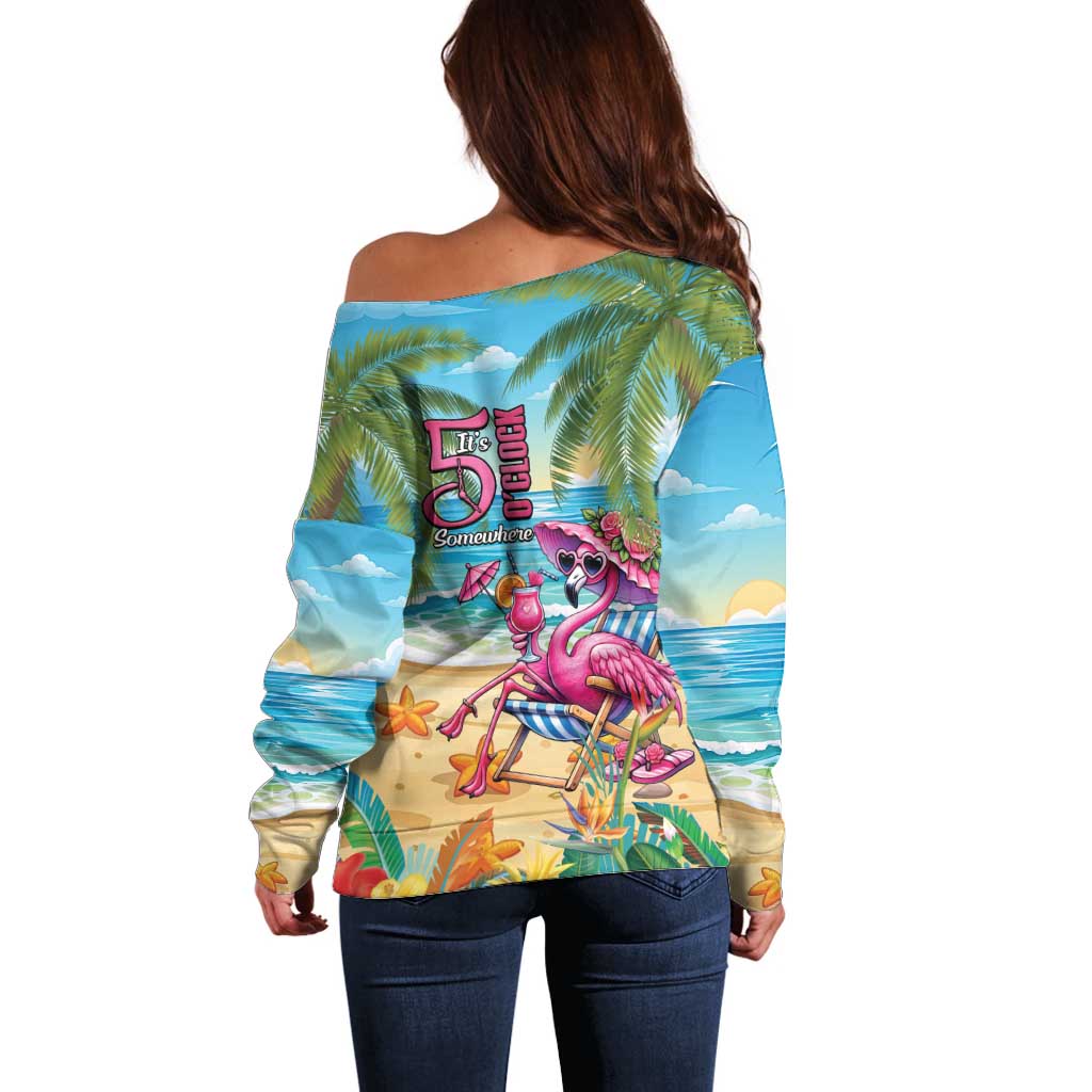 Flamingo Aloha Hawaii Off Shoulder Sweater It's 5 O’Clock Somewhere Tropical Vibes - Polynesian Pride