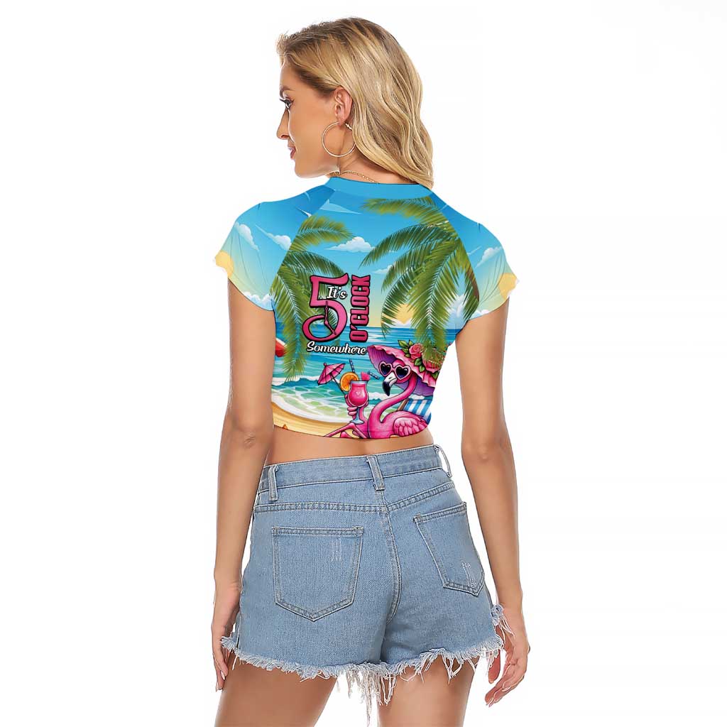 Flamingo Aloha Hawaii Raglan Cropped T Shirt It's 5 O’Clock Somewhere Tropical Vibes - Polynesian Pride