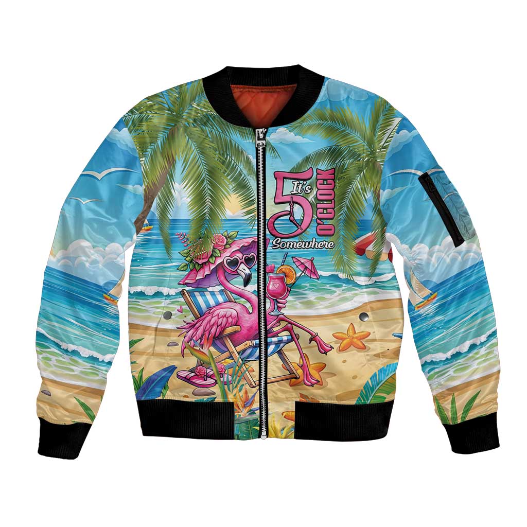 Flamingo Aloha Hawaii Sleeve Zip Bomber Jacket It's 5 O’Clock Somewhere Tropical Vibes - Polynesian Pride