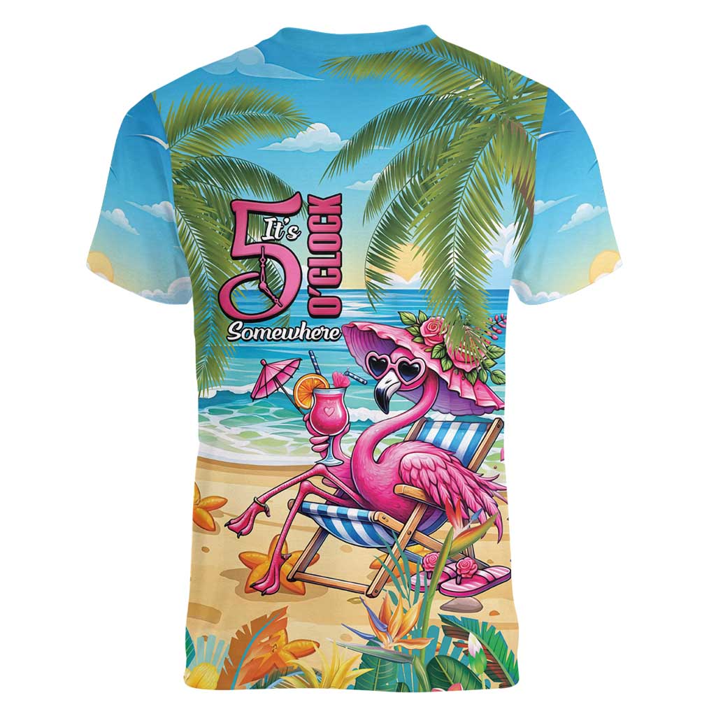 Flamingo Aloha Hawaii Women V-Neck T-Shirt It's 5 O’Clock Somewhere Tropical Vibes - Polynesian Pride