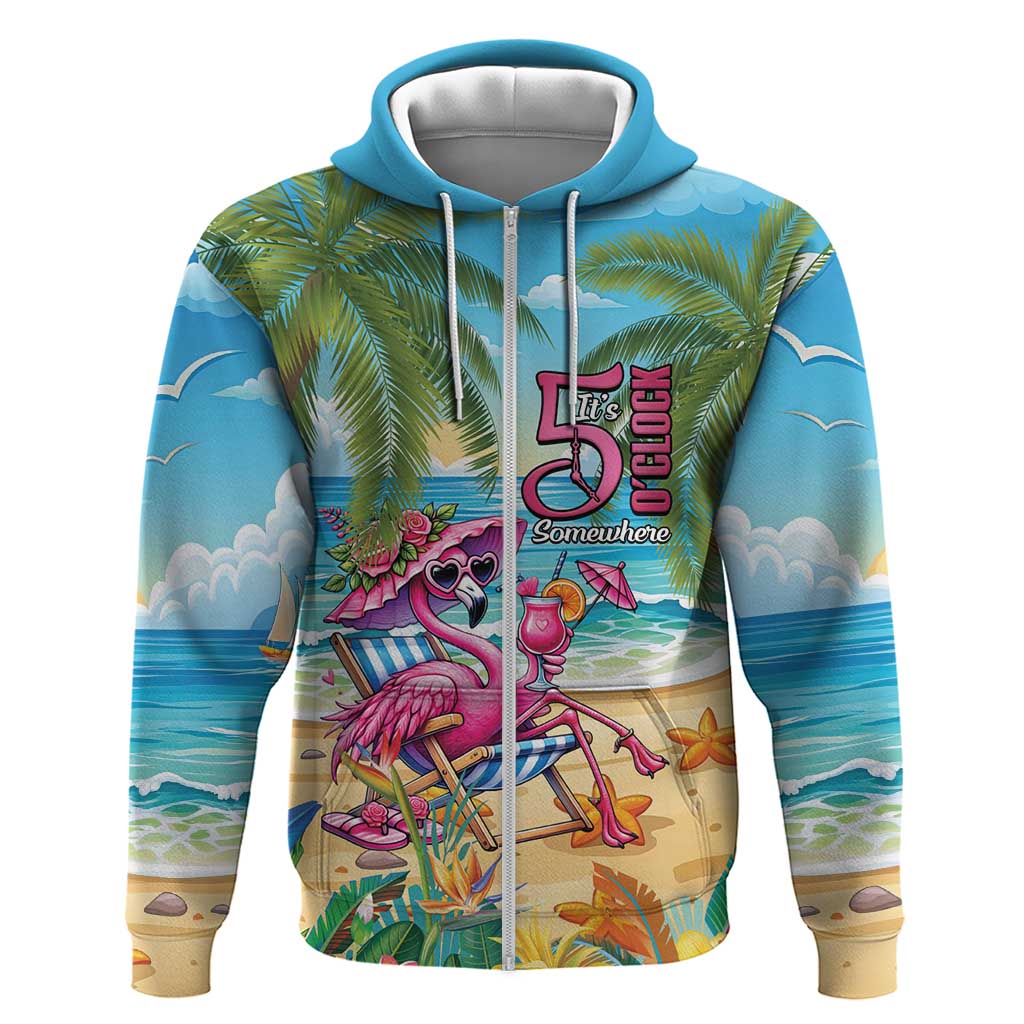 Flamingo Aloha Hawaii Zip Hoodie It's 5 O’Clock Somewhere Tropical Vibes - Polynesian Pride