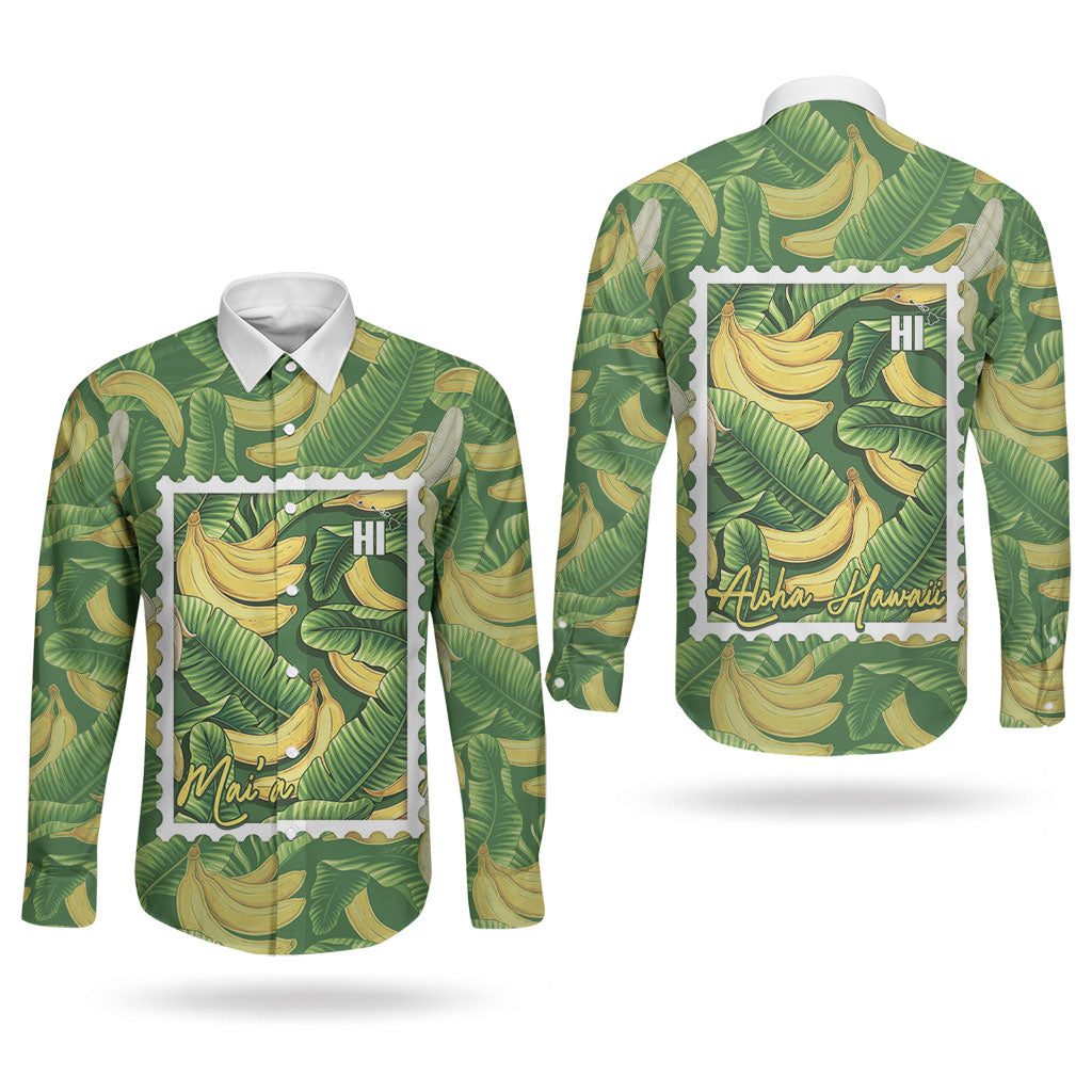 Aloha Hawaii Maia Couples Matching Off Shoulder Maxi Dress and Long Sleeve Button Shirt Hawaiian Banana Stylized Stamp LT14 - Polynesian Pride