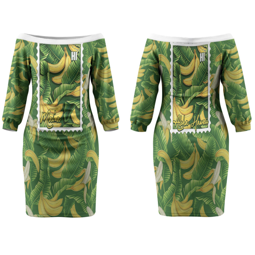 Aloha Hawaii Maia Family Matching Off The Shoulder Long Sleeve Dress and Hawaiian Shirt Hawaiian Banana Stylized Stamp LT14 Mom's Dress Green - Polynesian Pride