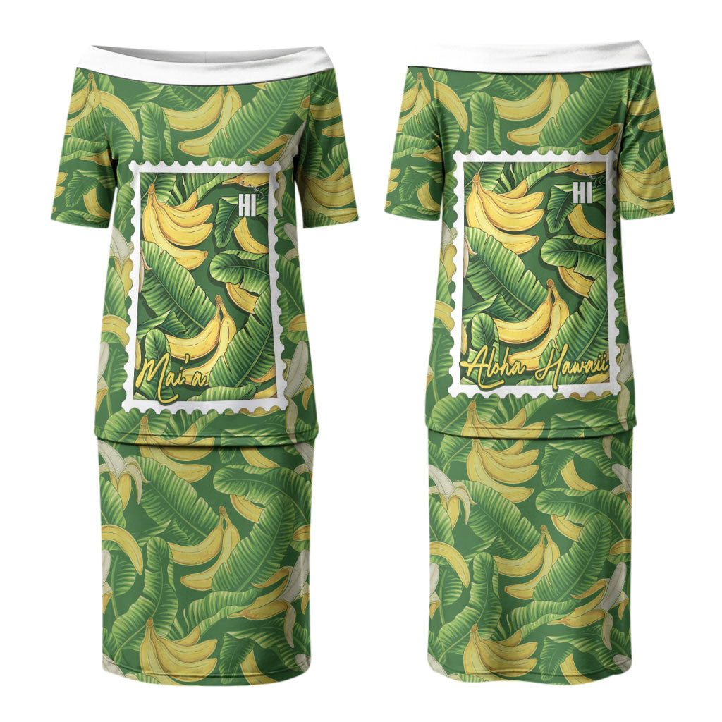 Aloha Hawaii Maia Family Matching Puletasi and Hawaiian Shirt Hawaiian Banana Stylized Stamp LT14 Mom's Dress Green - Polynesian Pride