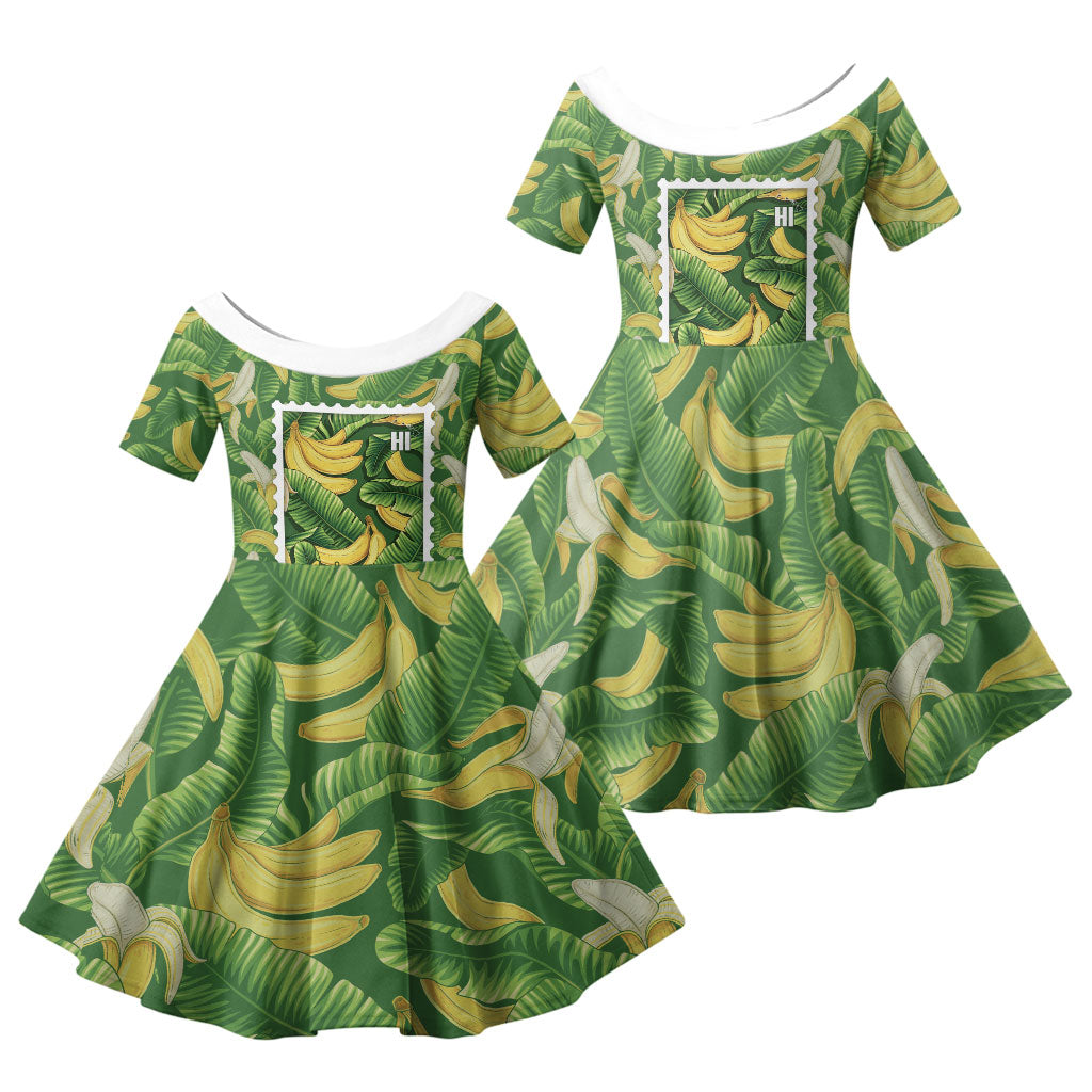 Aloha Hawaii Maia Family Matching Short Sleeve Bodycon Dress and Hawaiian Shirt Hawaiian Banana Stylized Stamp LT14 Daughter's Dress Green - Polynesian Pride
