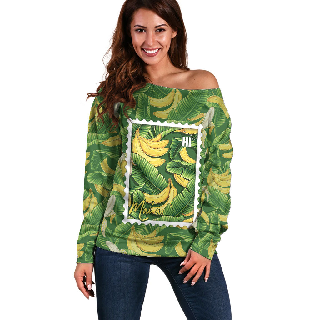 Aloha Hawaii Maia Off Shoulder Sweater Hawaiian Banana Stylized Stamp