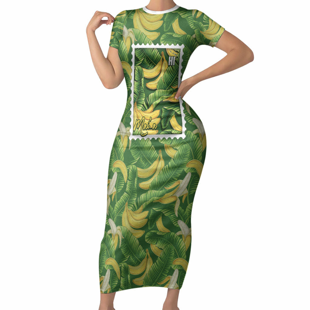 Aloha Hawaii Maia Short Sleeve Bodycon Dress Hawaiian Banana Stylized Stamp