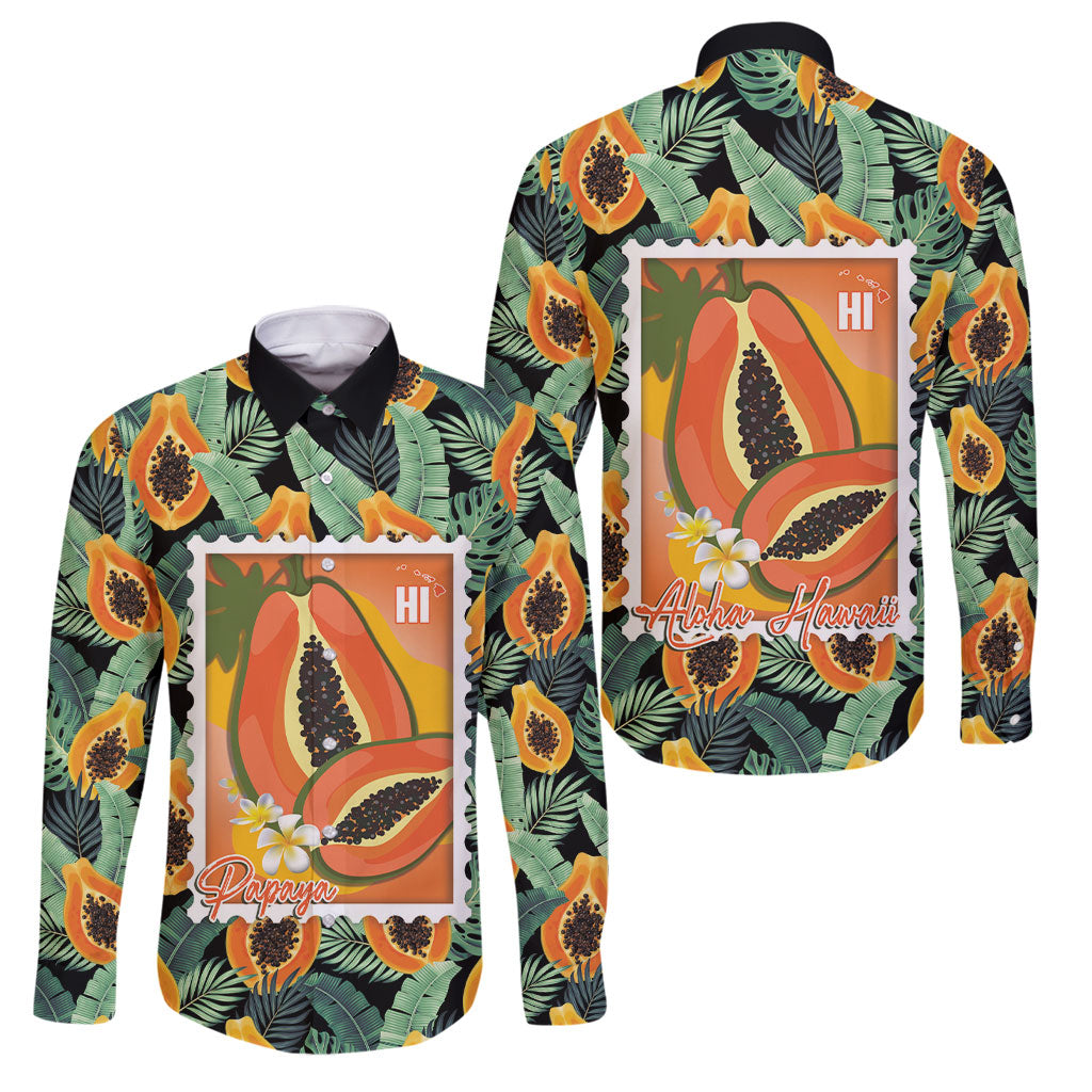 Aloha Hawaii Mikana Family Matching Off Shoulder Short Dress and Hawaiian Shirt Hawaiian Papaya Stylized Stamp LT14 Dad's Shirt - Long Sleeve Green - Polynesian Pride