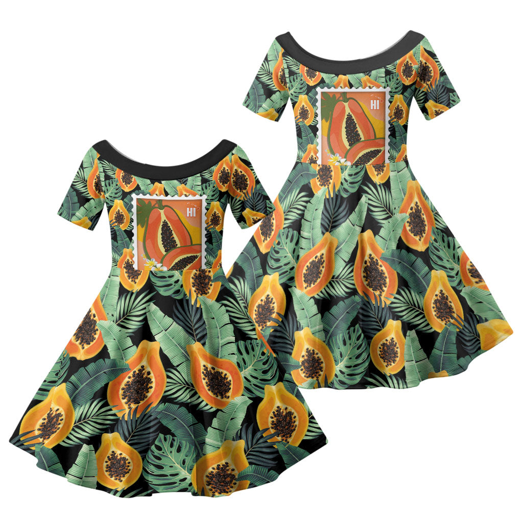 Aloha Hawaii Mikana Family Matching Puletasi and Hawaiian Shirt Hawaiian Papaya Stylized Stamp LT14 Daughter's Dress Green - Polynesian Pride