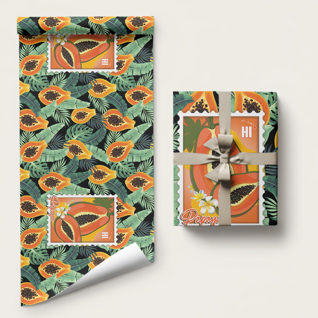 Aloha Hawaii Mikana Wrapping Paper Hawaiian Papaya Stylized Stamp LT14 58" × 23" Green - Polynesian Pride