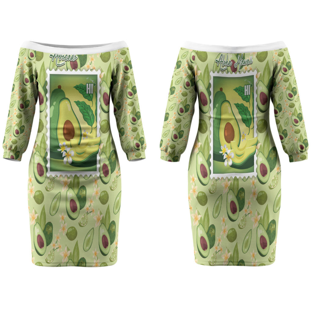 Aloha Hawaii Avocado Family Matching Off The Shoulder Long Sleeve Dress and Hawaiian Shirt Hawaiian Fruit Stylized Stamp LT14 Mom's Dress Green - Polynesian Pride