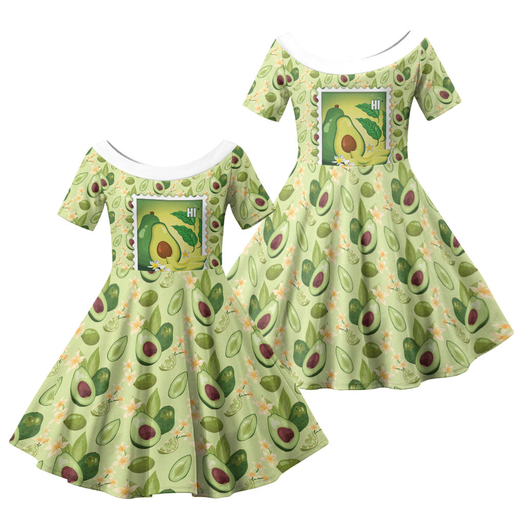 Aloha Hawaii Avocado Family Matching Off The Shoulder Long Sleeve Dress and Hawaiian Shirt Hawaiian Fruit Stylized Stamp LT14 Daughter's Dress Green - Polynesian Pride