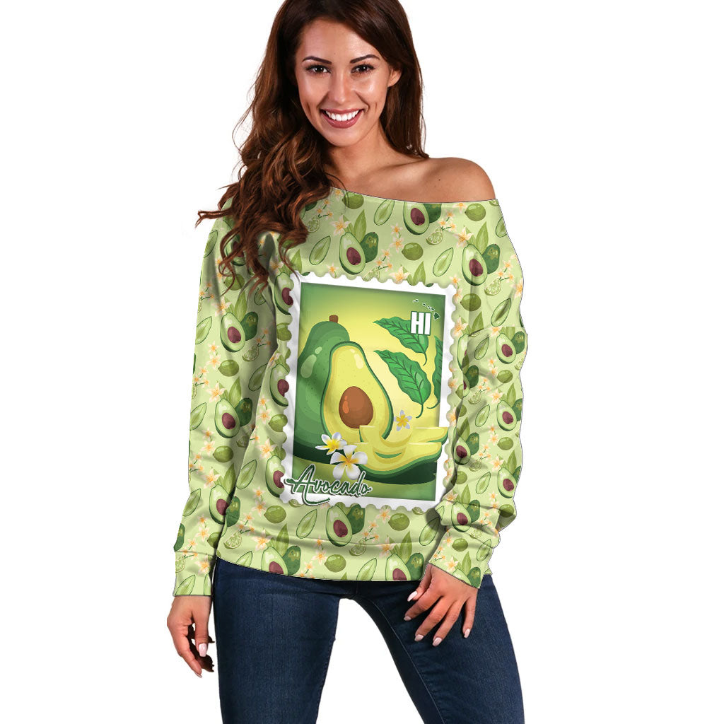 Aloha Hawaii Avocado Off Shoulder Sweater Hawaiian Fruit Stylized Stamp