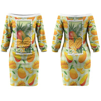 Aloha Hawaii Manako Palaka Motifs Couples Matching Off The Shoulder Long Sleeve Dress and Hawaiian Shirt Hawaiian Mango Stylized Stamp LT14 - Polynesian Pride
