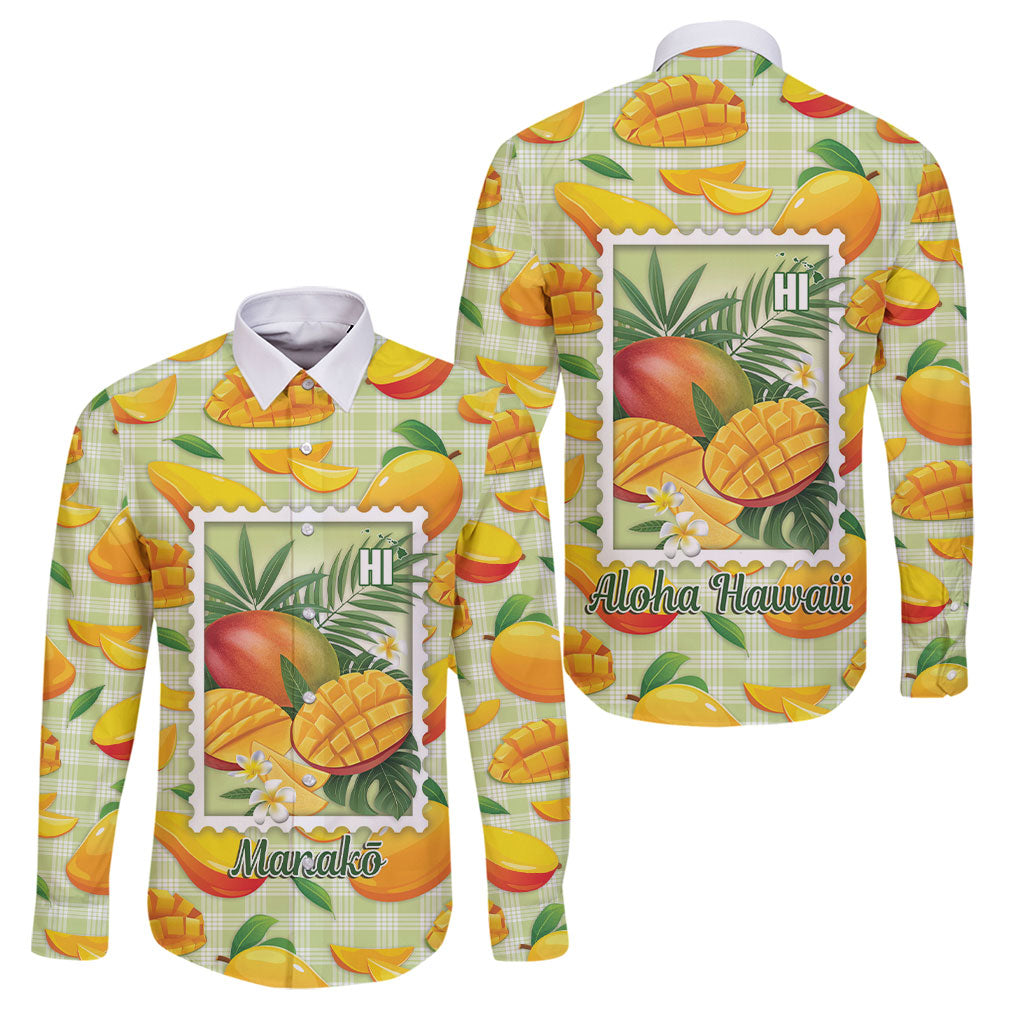Aloha Hawaii Manako Palaka Motifs Family Matching Long Sleeve Bodycon Dress and Hawaiian Shirt Hawaiian Mango Stylized Stamp LT14 Dad's Shirt - Long Sleeve Yellow - Polynesian Pride