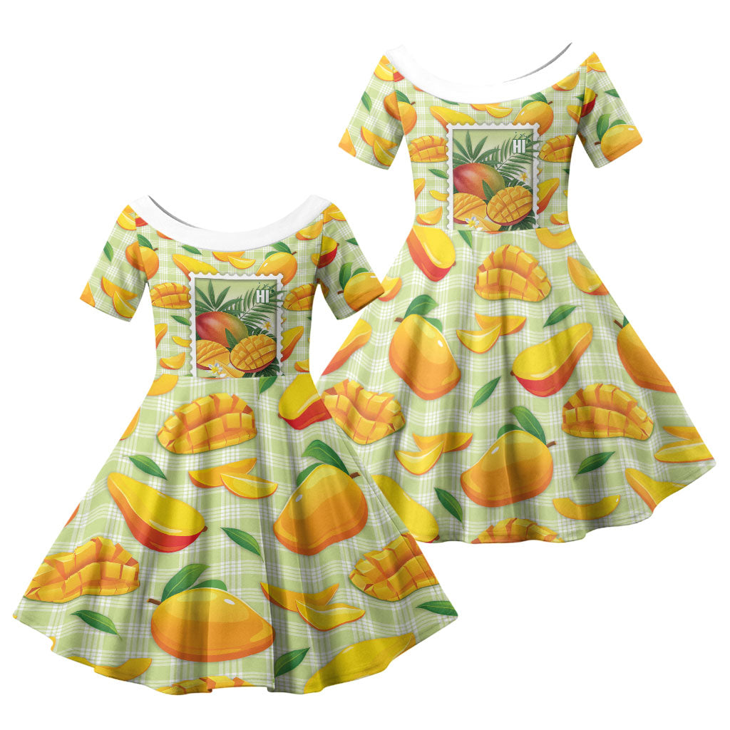 Aloha Hawaii Manako Palaka Motifs Family Matching Off Shoulder Maxi Dress and Hawaiian Shirt Hawaiian Mango Stylized Stamp LT14 Daughter's Dress Yellow - Polynesian Pride