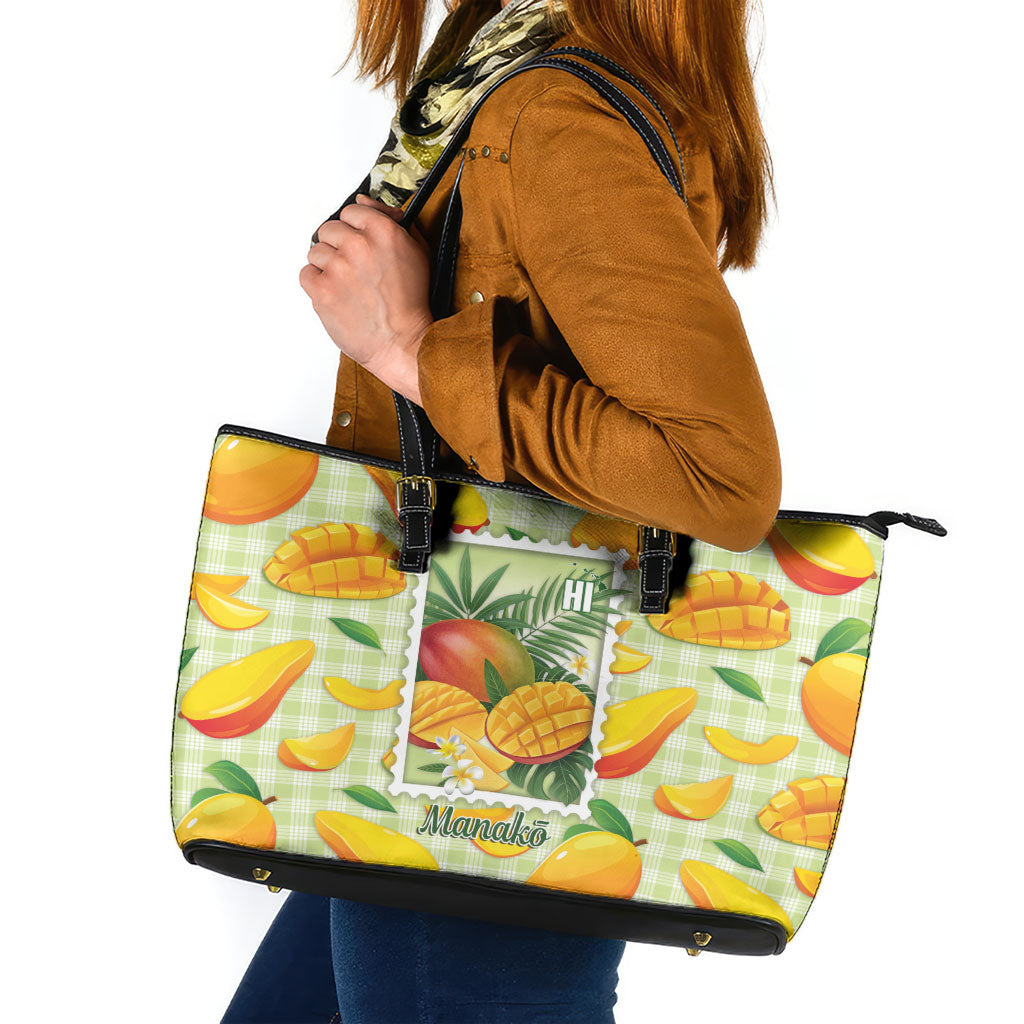 Aloha Hawaii Manako Palaka Motifs Leather Tote Bag Hawaiian Mango Stylized Stamp