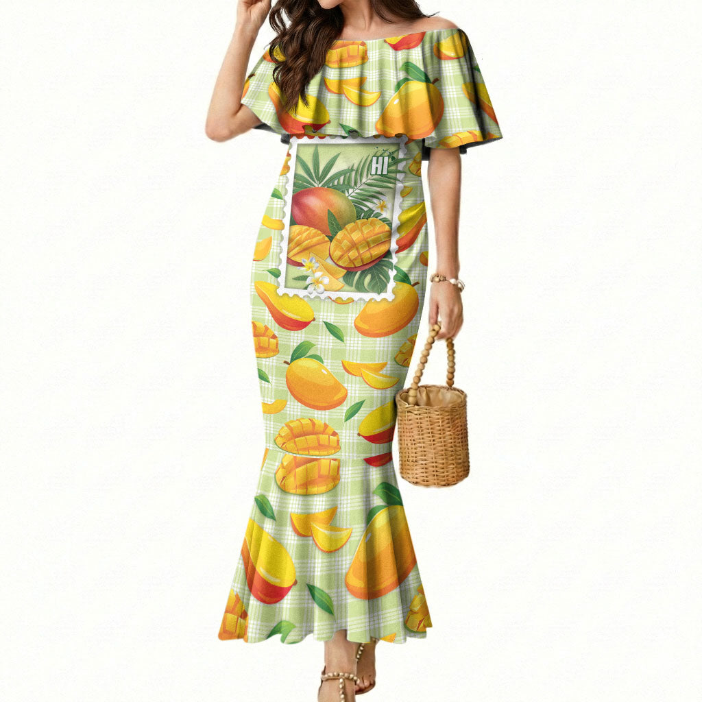 Aloha Hawaii Manako Palaka Motifs Mermaid Dress Hawaiian Mango Stylized Stamp