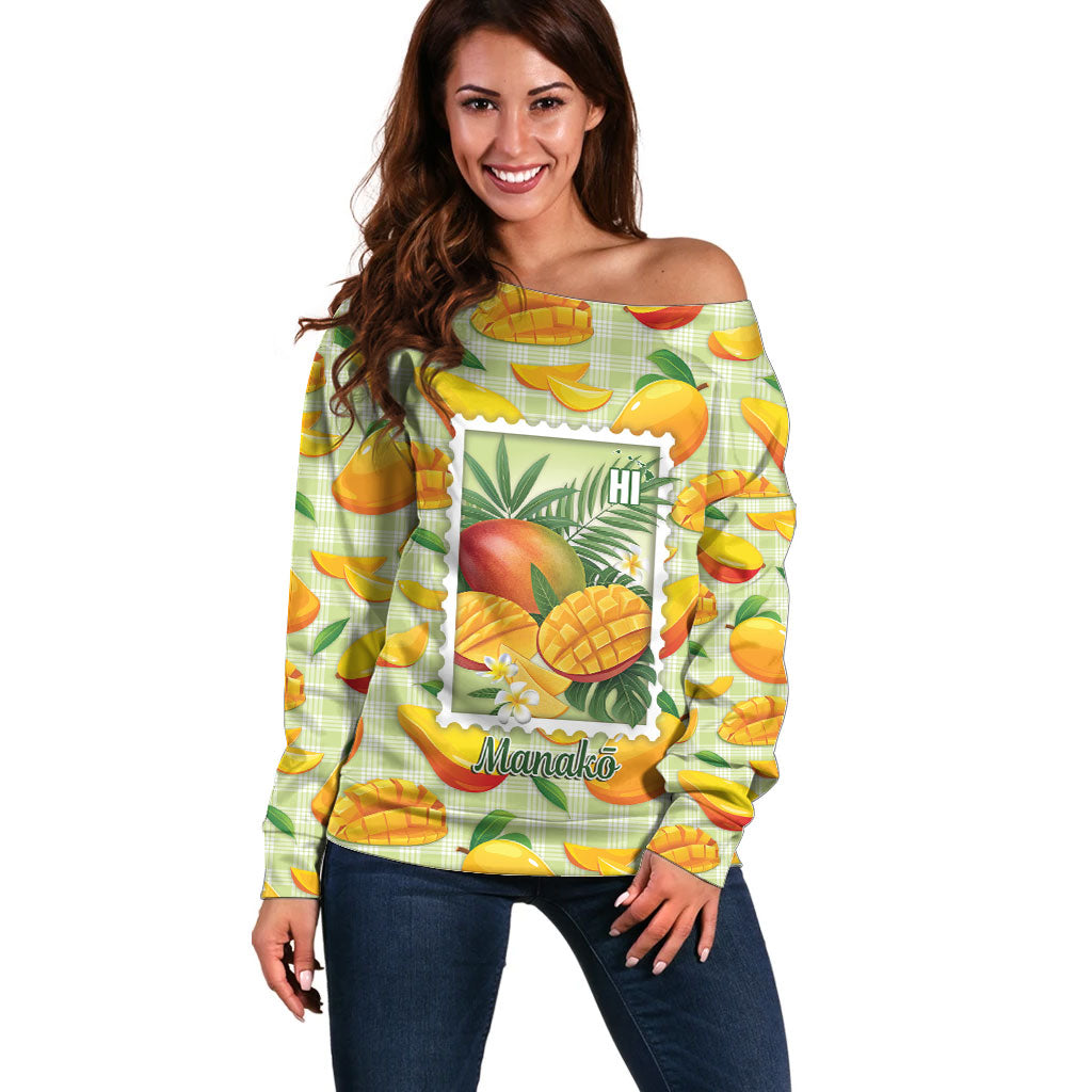Aloha Hawaii Manako Palaka Motifs Off Shoulder Sweater Hawaiian Mango Stylized Stamp