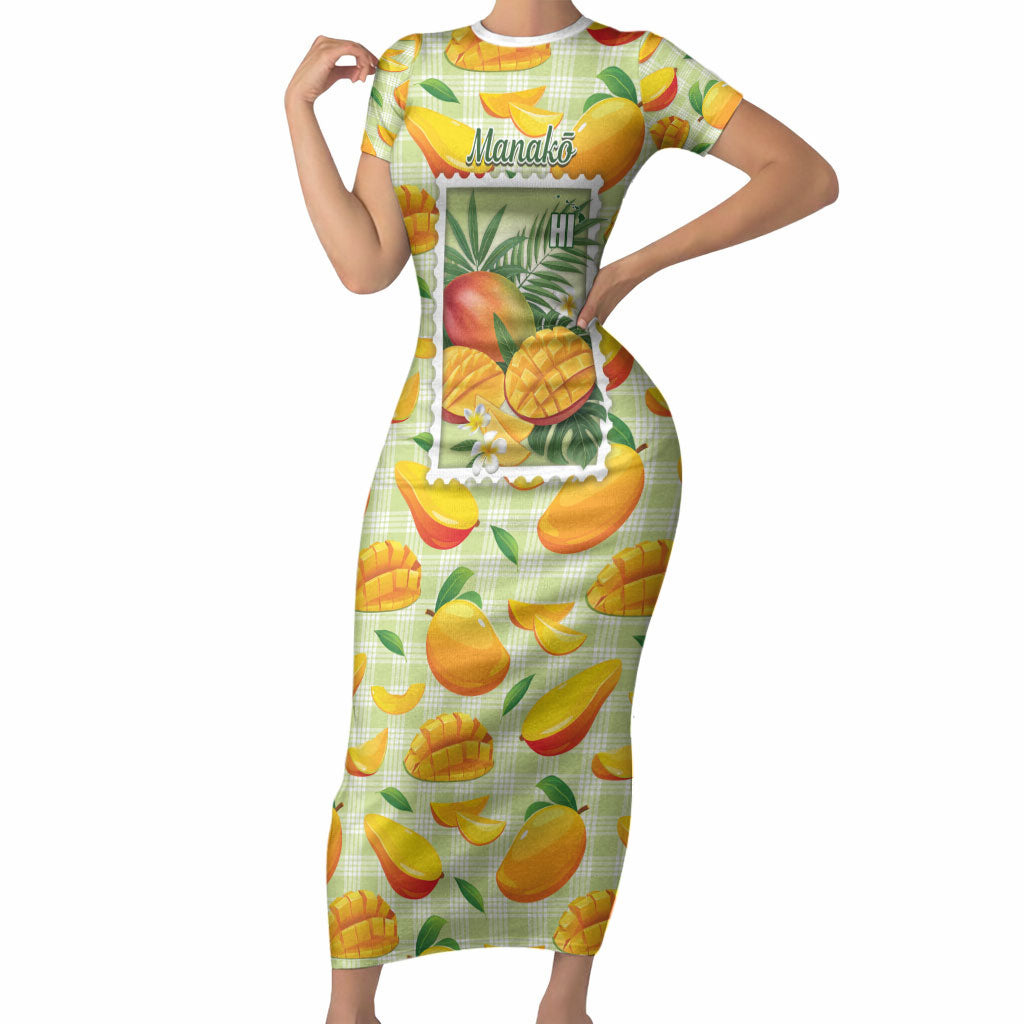 Aloha Hawaii Manako Palaka Motifs Short Sleeve Bodycon Dress Hawaiian Mango Stylized Stamp