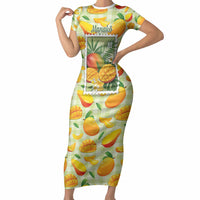 Aloha Hawaii Manako Palaka Motifs Short Sleeve Bodycon Dress Hawaiian Mango Stylized Stamp LT14 Long Dress Yellow - Polynesian Pride