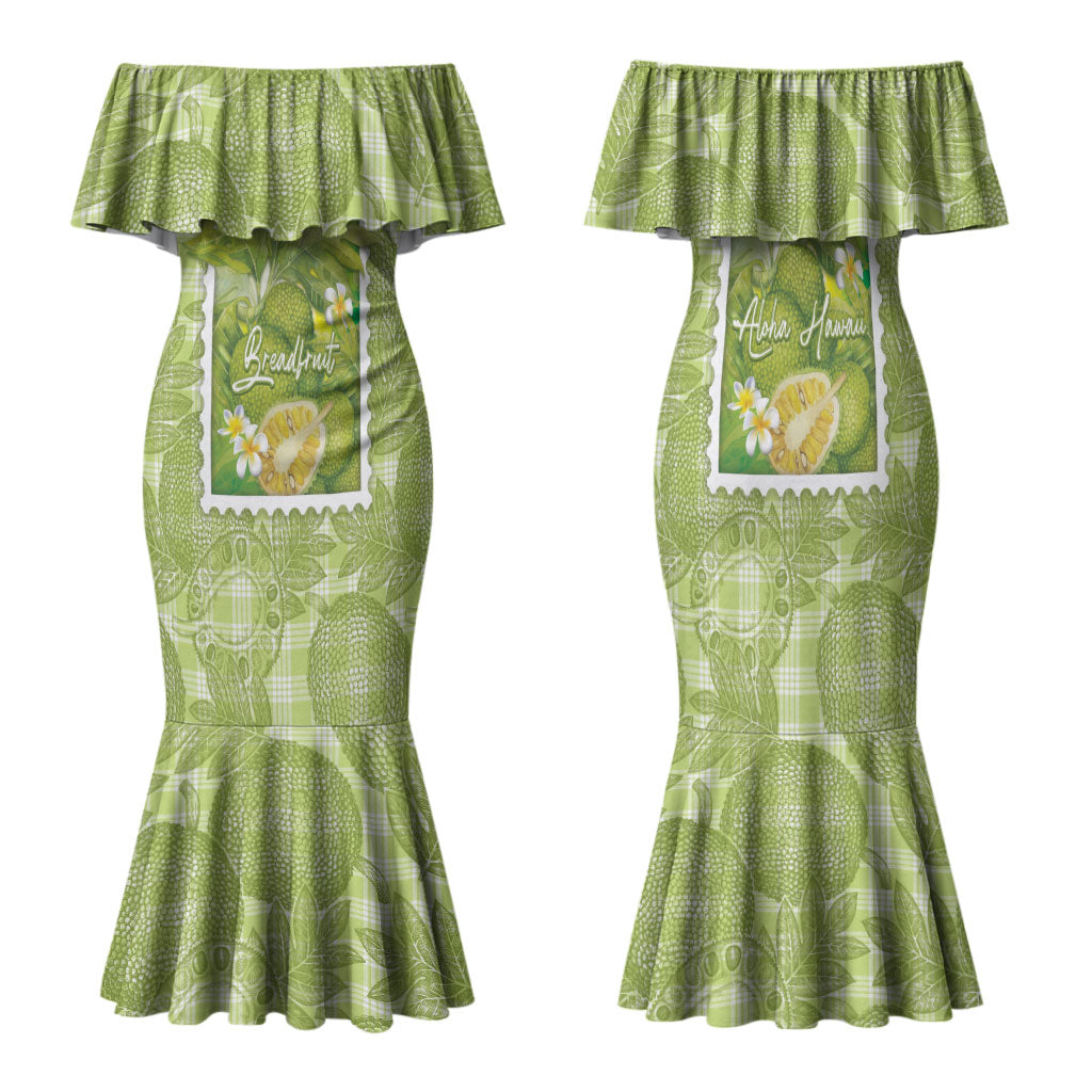 Aloha Hawaii Ulu Palaka Motifs Family Matching Mermaid Dress and Hawaiian Shirt Hawaiian Breadfruit Stylized Stamp LT14 Mom's Dress Green - Polynesian Pride