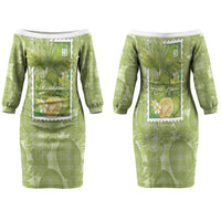 Aloha Hawaii Ulu Palaka Motifs Family Matching Off The Shoulder Long Sleeve Dress and Hawaiian Shirt Hawaiian Breadfruit Stylized Stamp LT14 Mom's Dress Green - Polynesian Pride
