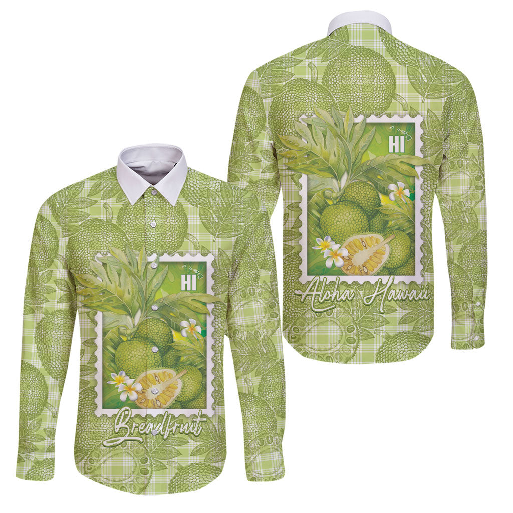 Aloha Hawaii Ulu Palaka Motifs Family Matching Off The Shoulder Long Sleeve Dress and Hawaiian Shirt Hawaiian Breadfruit Stylized Stamp LT14 Dad's Shirt - Long Sleeve Green - Polynesian Pride
