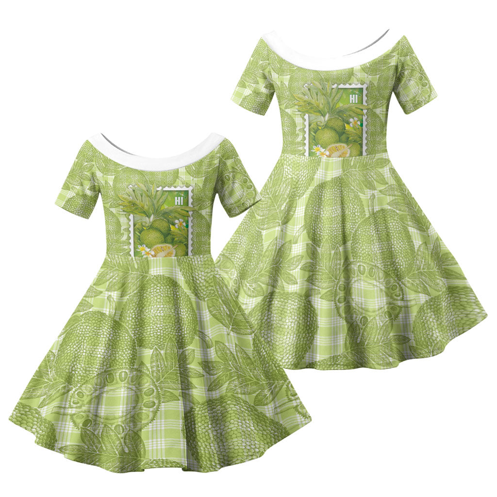 Aloha Hawaii Ulu Palaka Motifs Family Matching Short Sleeve Bodycon Dress and Hawaiian Shirt Hawaiian Breadfruit Stylized Stamp LT14 Daughter's Dress Green - Polynesian Pride