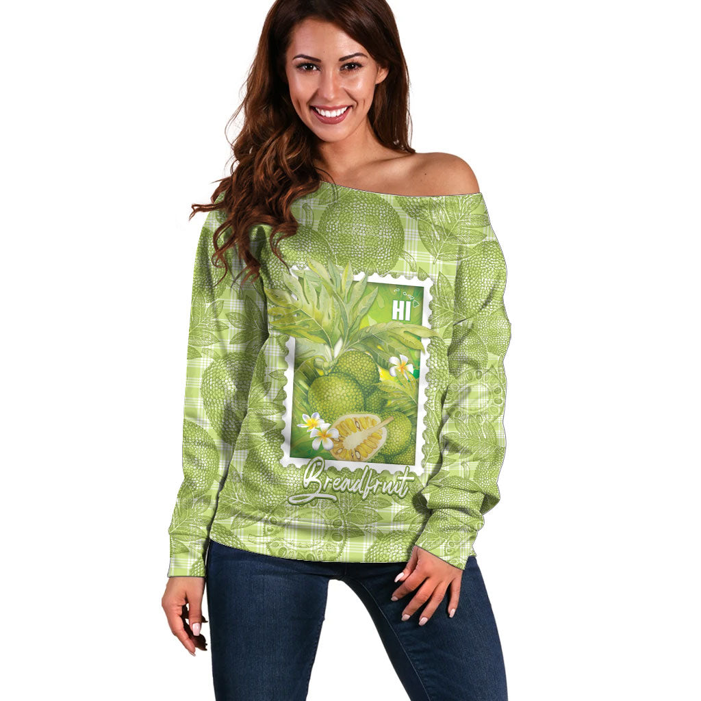 Aloha Hawaii Ulu Palaka Motifs Off Shoulder Sweater Hawaiian Breadfruit Stylized Stamp