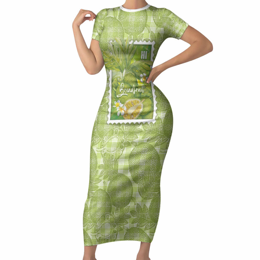 Aloha Hawaii Ulu Palaka Motifs Short Sleeve Bodycon Dress Hawaiian Breadfruit Stylized Stamp