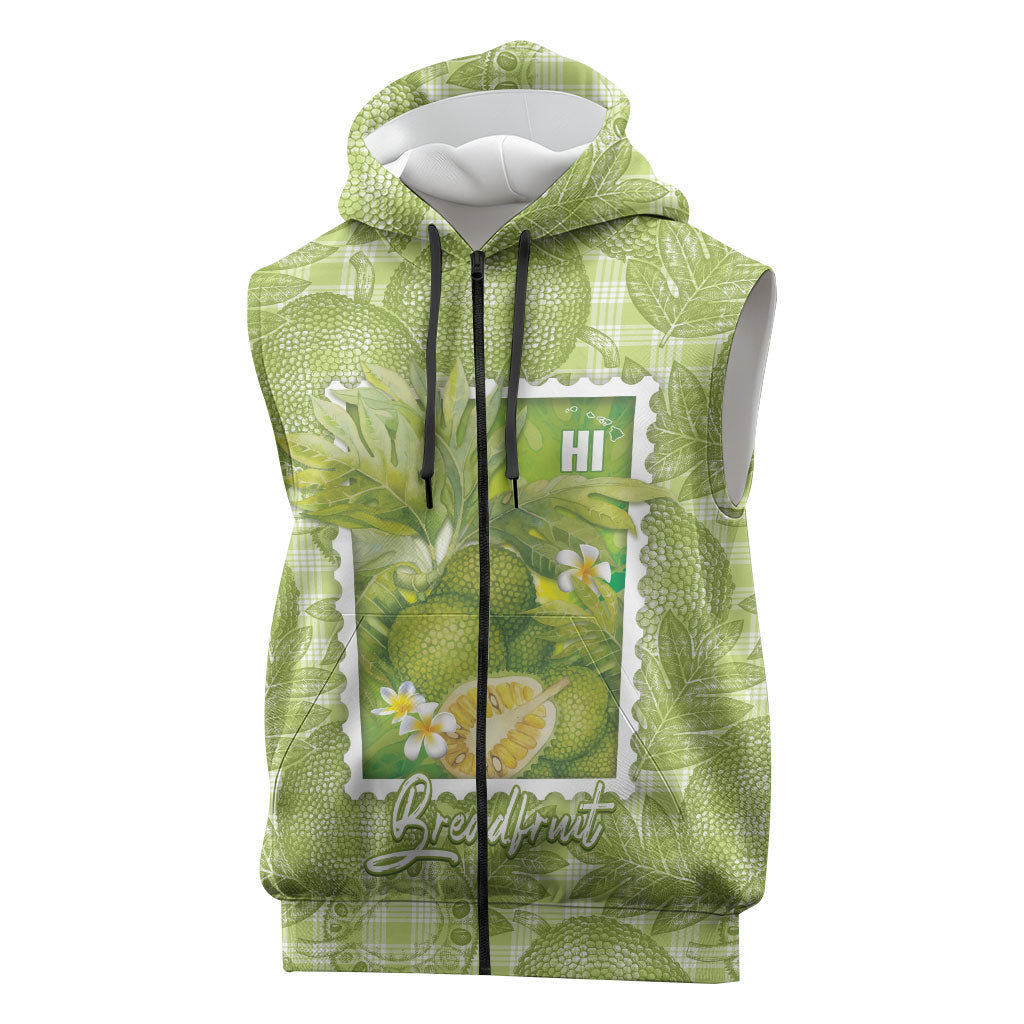 Aloha Hawaii Ulu Palaka Motifs Sleeveless Zip Hoodie Hawaiian Breadfruit Stylized Stamp