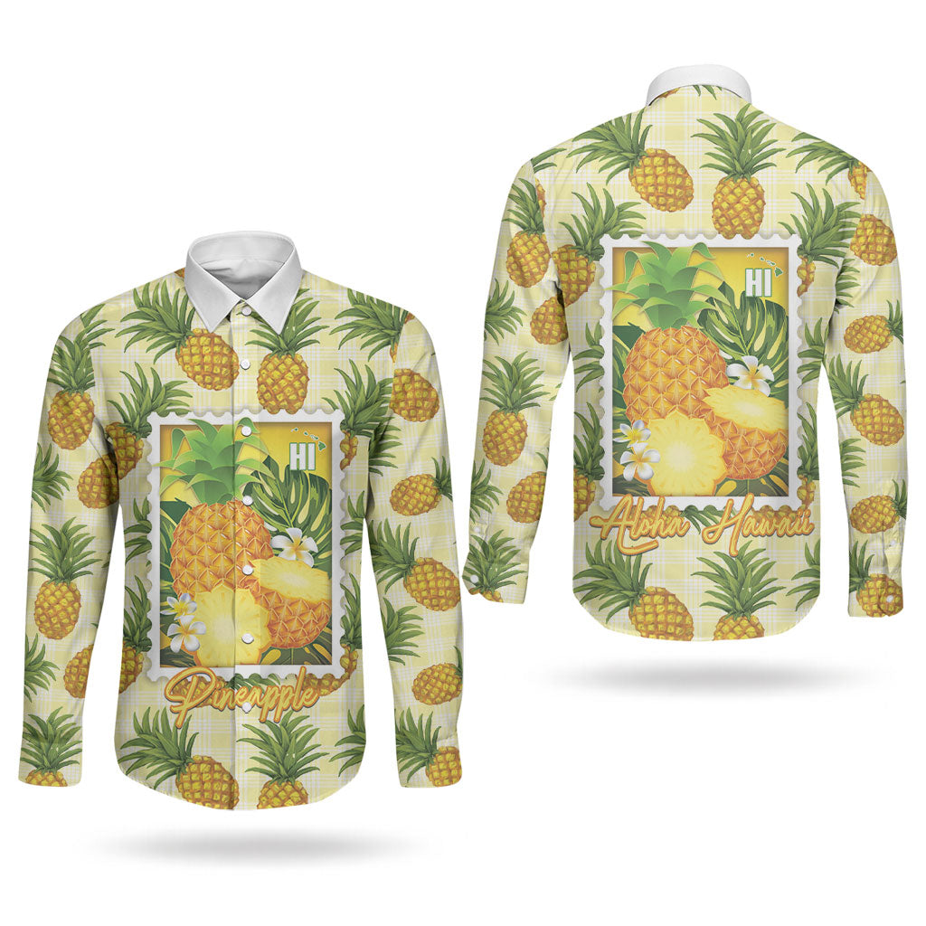 Aloha Hawaii Hala Kahiki Palaka Motifs Couples Matching Off The Shoulder Long Sleeve Dress and Long Sleeve Button Shirt Hawaiian Pineapple Stylized Stamp LT14 - Polynesian Pride