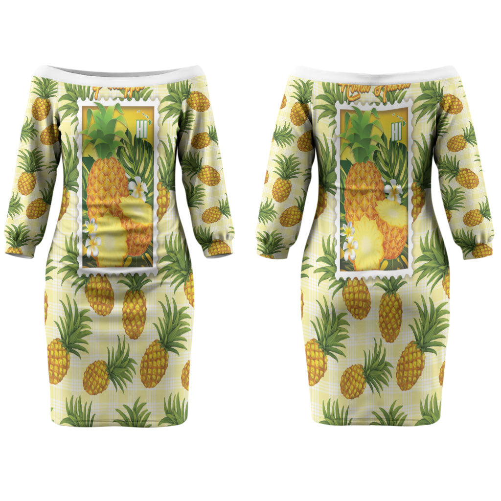 Aloha Hawaii Hala Kahiki Palaka Motifs Couples Matching Off The Shoulder Long Sleeve Dress and Long Sleeve Button Shirt Hawaiian Pineapple Stylized Stamp LT14 - Polynesian Pride