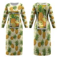 Aloha Hawaii Hala Kahiki Palaka Motifs Family Matching Long Sleeve Bodycon Dress and Hawaiian Shirt Hawaiian Pineapple Stylized Stamp LT14 Mom's Dress Yellow - Polynesian Pride
